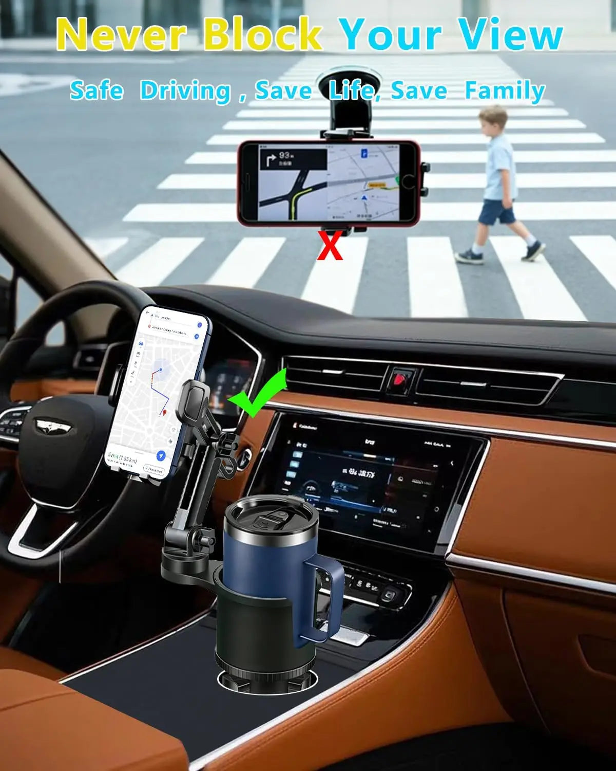 Cup Phone Holder for Car, 2 in 1 Height-Adjustable Dual Cell Phone Holders Car Cupholder Mount, Fit Large Bottle & All Cellphone