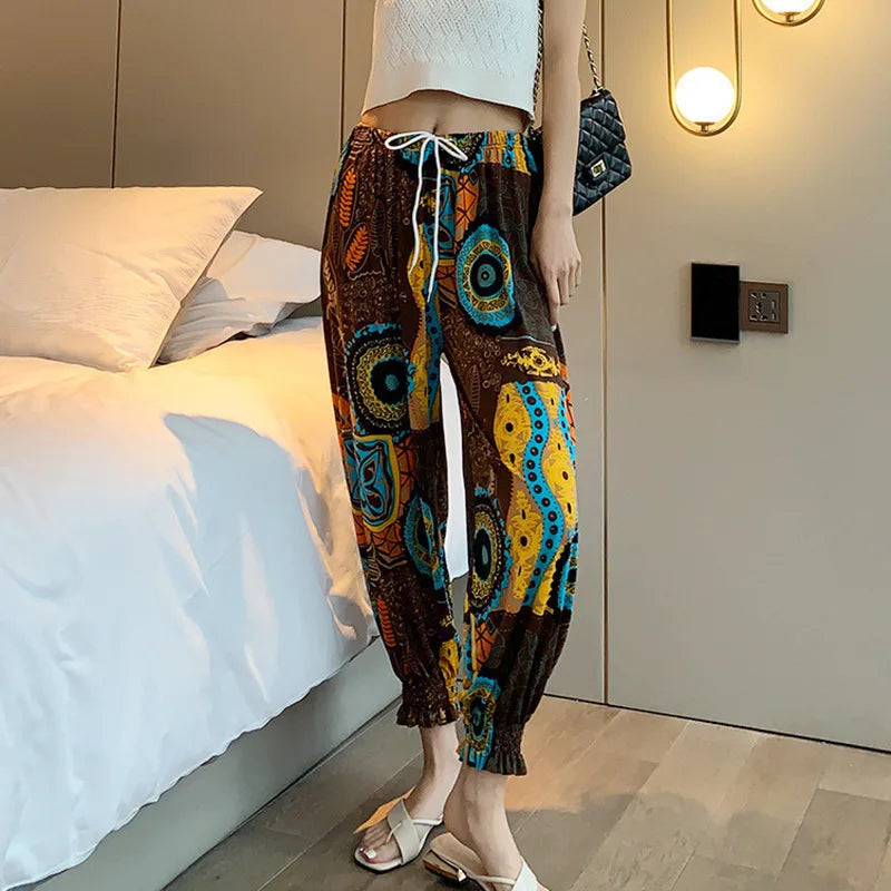Summer Casual Loose Wide Leg Pants Women's Tie Dye Ink Ice Silk Loose Leopard Print Ethnic Style Long Pants Casual Trousers