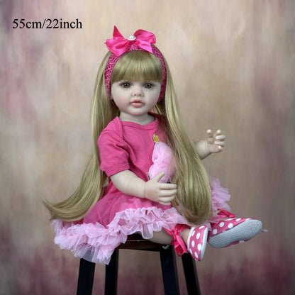 BZDOLL 22in 55cm Full Vinyl Body Reborn Baby Doll Long Hair Princess Bath Toy Dress Up and Bedtime for Kids Lovely Birthday Gift