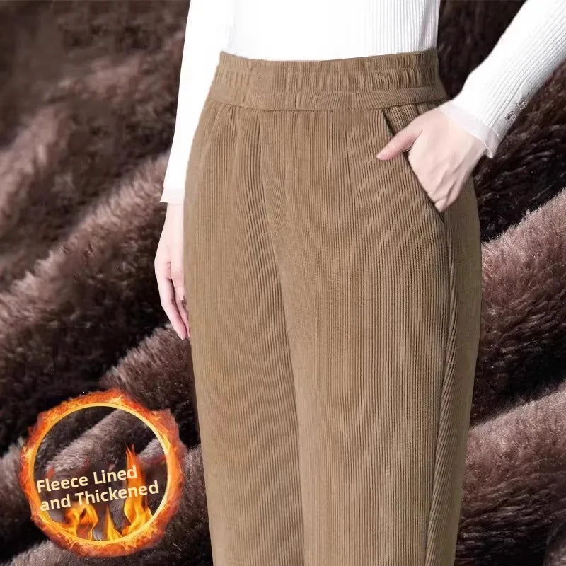 High Waist Flannel Lined Thickened Corduroy Pants for Women Autumn Winter Casual Harlan Pants Versatile Comfortable Cotton Pants
