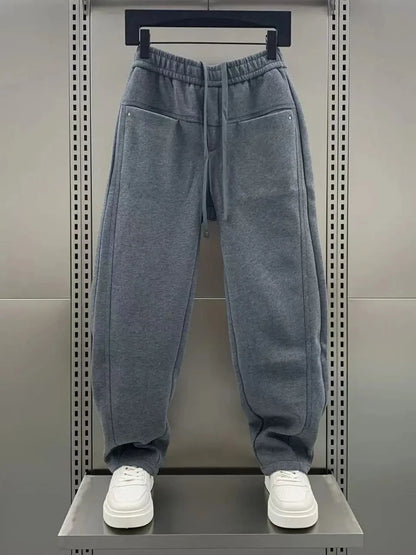 Men's Straight Leg Fleece Lined Thickened Casual Sports Pants Autumn Winter Pure Color Versatile Loose Fit Trousers
