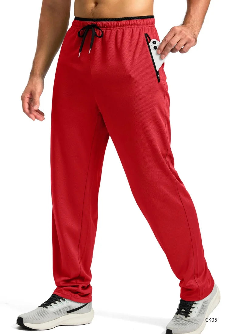 Men High Elastic Breathable Ice Cool Sports Long Pants Outdoor Quick Dry Straight Trousers Drawstring Waist Zipper Pocket Design