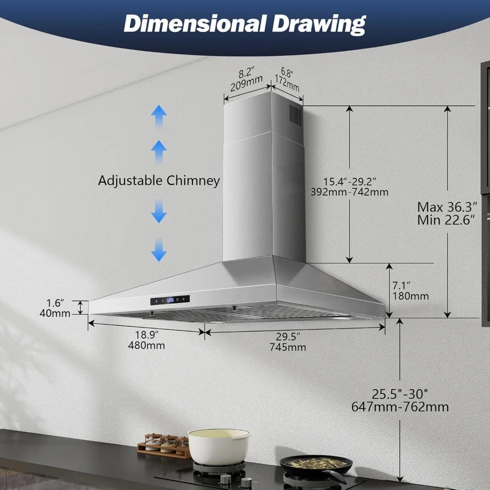 30 Inch Wall Mount Range Hood, Stainless Steel, Touch Control, Ducted/Ductless Convertible, Chimney Style with Baffle Filters