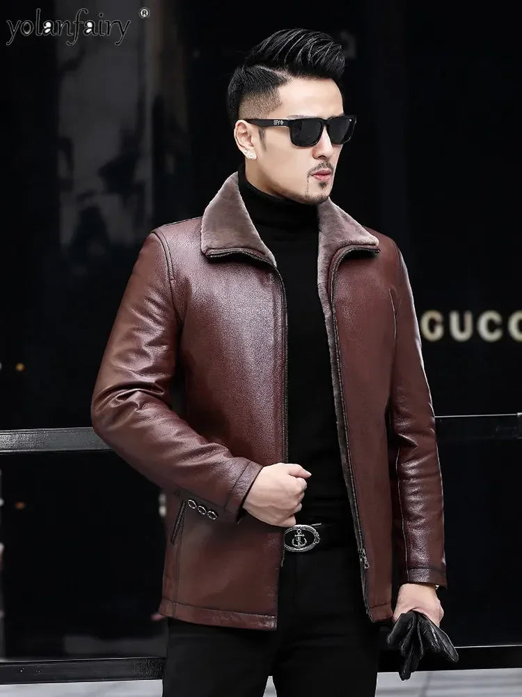 YOLANFAIRY Genuine Leather Jacket Men Midium Natural Leather and Fur Thick Winter Coat Male Clothing Jaquetas Masculina De Couro