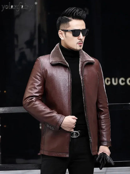 YOLANFAIRY Genuine Leather Jacket Men Midium Natural Leather and Fur Thick Winter Coat Male Clothing Jaquetas Masculina De Couro