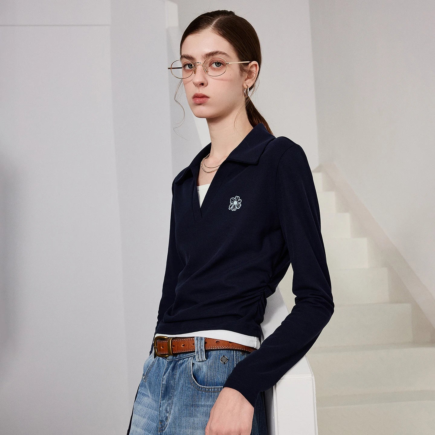 TOYOUTH Women Polo T-Shirt 2026 Spring New Contrast Color Fake Two-Piece Petite Waist-Slimming Slim Fit Top