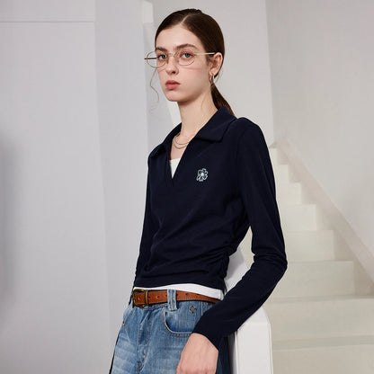 TOYOUTH Women Polo T-Shirt 2026 Spring New Contrast Color Fake Two-Piece Petite Waist-Slimming Slim Fit Top