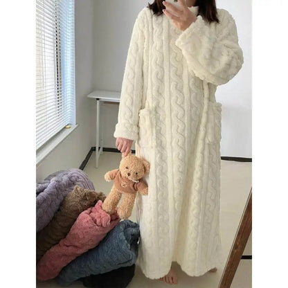 Winter New Long Warm Coral Fleece Home Sleepwear Robe for Women Walking Blanket Style Loose Fit with Pockets Sleep Dress