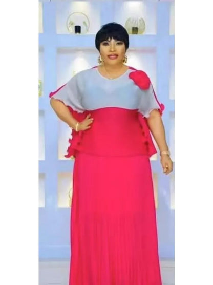 2025 New Casual Suit Women's Two-piece Set Miyake Pleated Skirt + Color Matching Top Loose Long Skirt Set