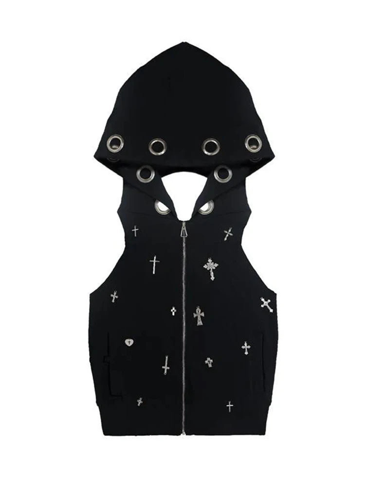 AltGoth Streetwear Gothic Dark Vest Women Harajuku Y2k E-girl Cyberpunk Cross Hooded Crop Tank Top Emo Alt Grunge Outfits Female