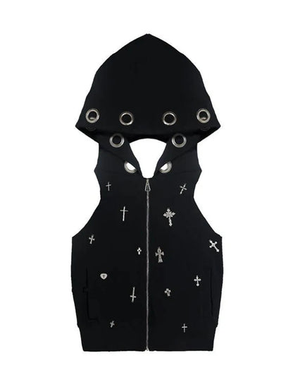 AltGoth Streetwear Gothic Dark Vest Women Harajuku Y2k E-girl Cyberpunk Cross Hooded Crop Tank Top Emo Alt Grunge Outfits Female