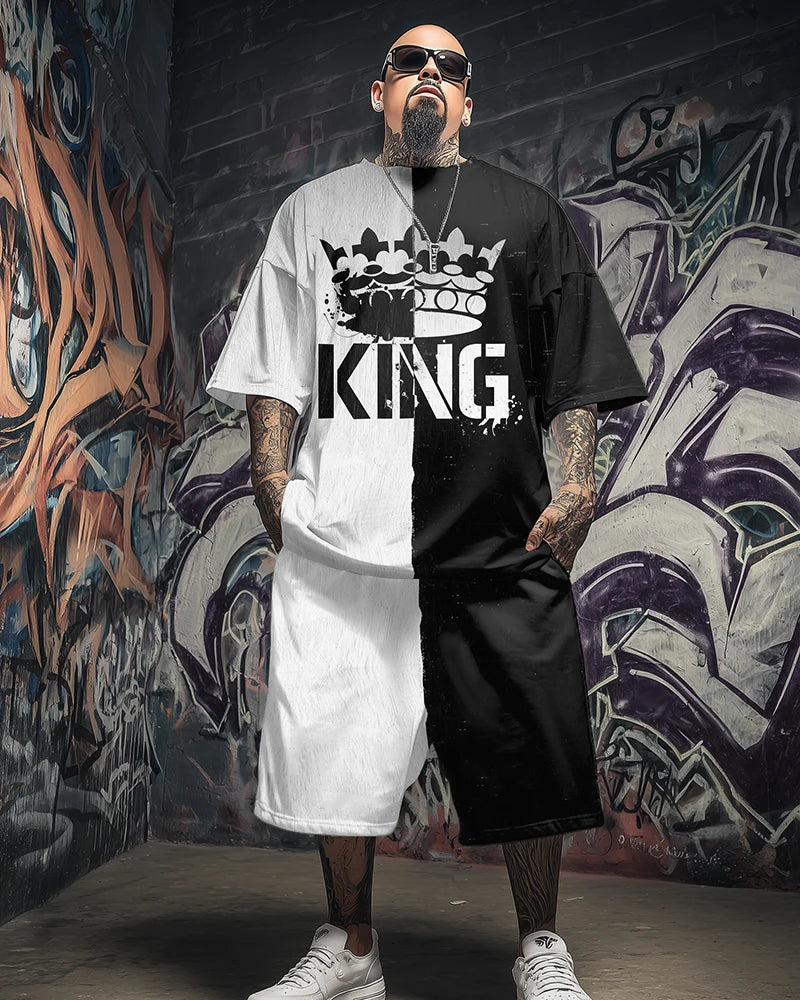 S-9XL Plus Size Men's Streetwear 2 Piece Outfit, King of Spades KING Crown Graphic Print Short Sleeve T-Shirt and Shorts Set