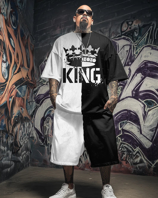 S-9XL Plus Size Men's Streetwear 2 Piece Outfit, King of Spades KING Crown Graphic Print Short Sleeve T-Shirt and Shorts Set