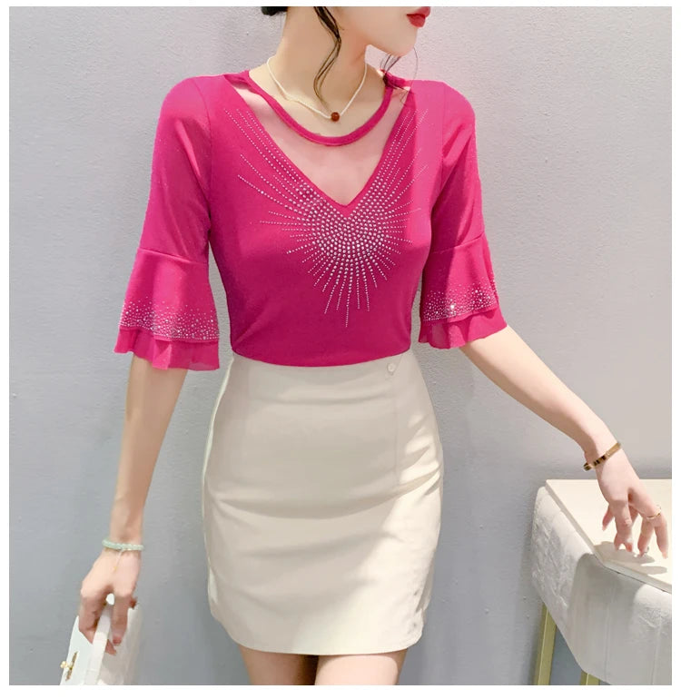 Sexy Hollow out Mesh Seven Quarter Sleeve Fashion Trend Summer T-Shirt Women Slimming Versatile Top Half Sleeve Small Shirt