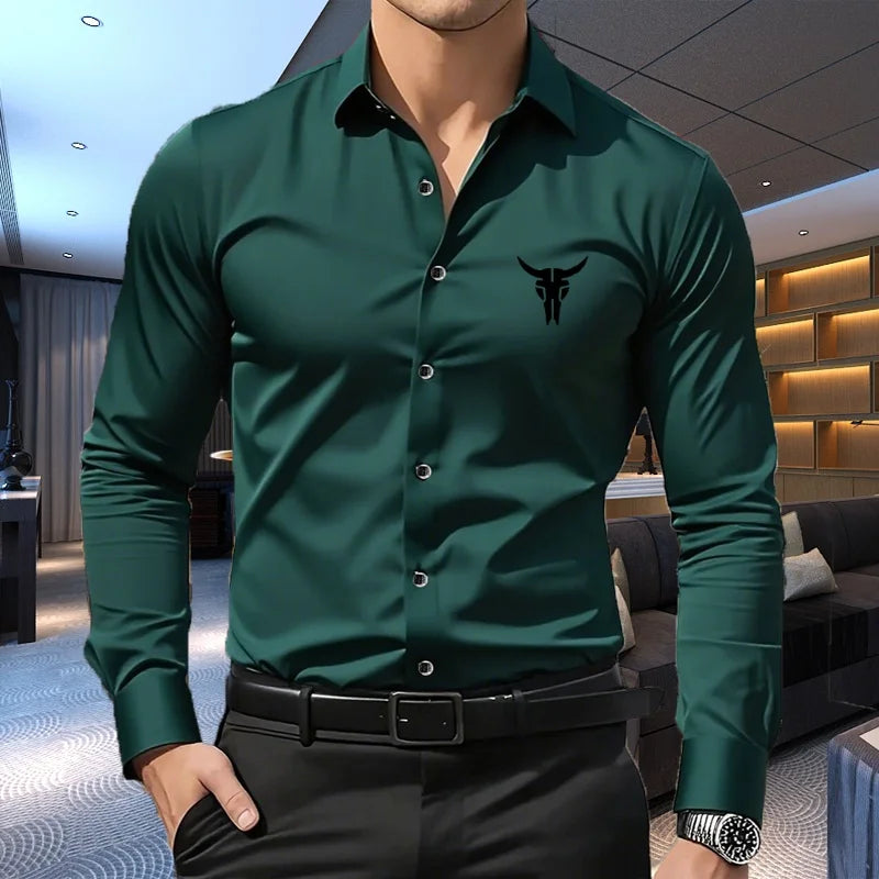 1PC Men's Premium Business Casual Shirt with Sport Logo Print Long Sleeve Slim Fit Wrinkle Resistant Formal Office Daily Shirt