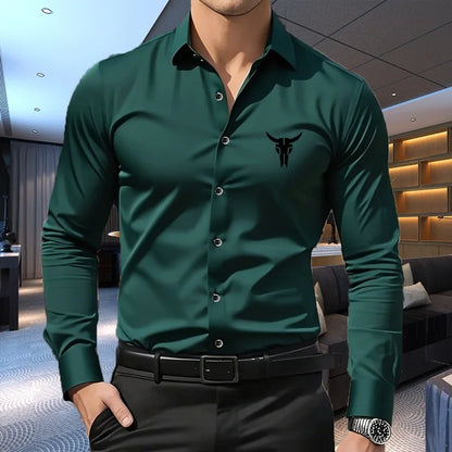 1PC Men's Premium Business Casual Shirt with Sport Logo Print Long Sleeve Slim Fit Wrinkle Resistant Formal Office Daily Shirt
