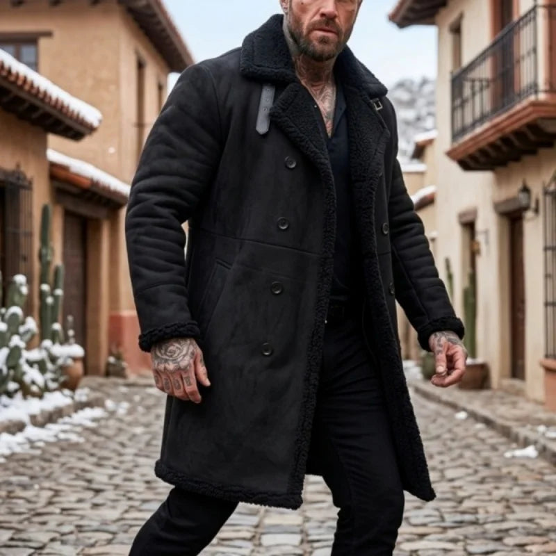 Men’s Winter Fleece-Lined Jacket Thickened Faux Fur Windproof Coat Double-Breasted Belted Trench  Outdoor Hunting Hiking Male