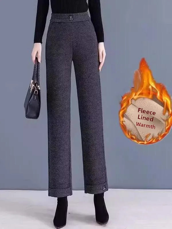 Women's Winter Fleece Lined Straight Leg Pants High Waist Casual Trousers Nine Point Length Autumn Winter Outerwear Versatile