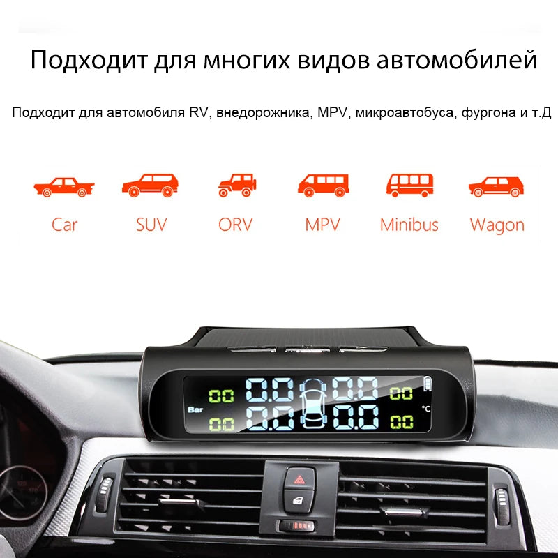 Yangood TPMS Car Tire Pressure Warning Alarm Digital Colorful Display USB Solar Charging 4 Built-in&External Sensors Waterproof