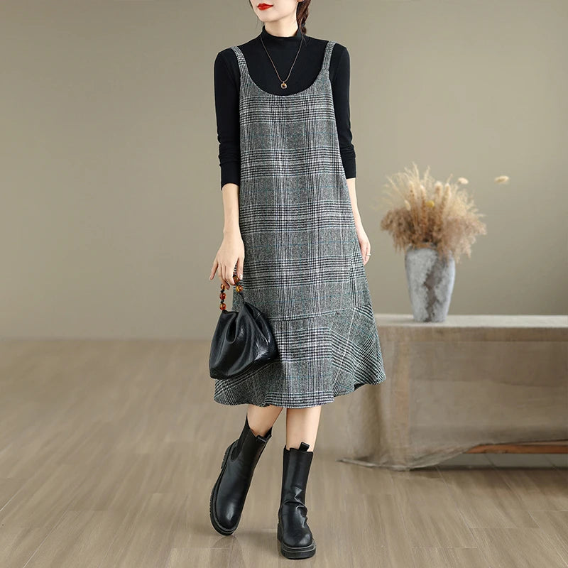 Autumn Winter Plaid Wool Skirt Vest Dress Slimming plus Size Mid-Length Thin Base Layer Outerwear Casual round Neck Dress