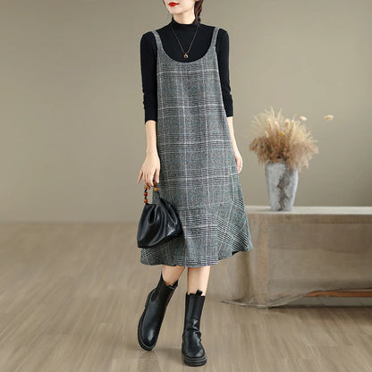 Autumn Winter Plaid Wool Skirt Vest Dress Slimming plus Size Mid-Length Thin Base Layer Outerwear Casual round Neck Dress