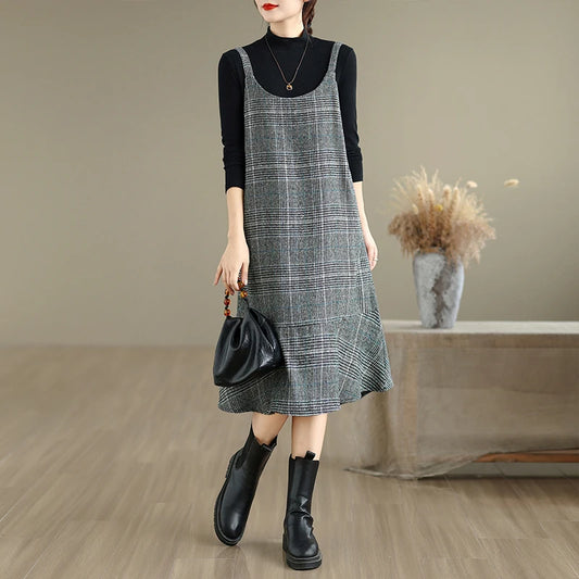 Autumn Winter Plaid Wool Skirt Vest Dress Slimming plus Size Mid-Length Thin Base Layer Outerwear Casual round Neck Dress