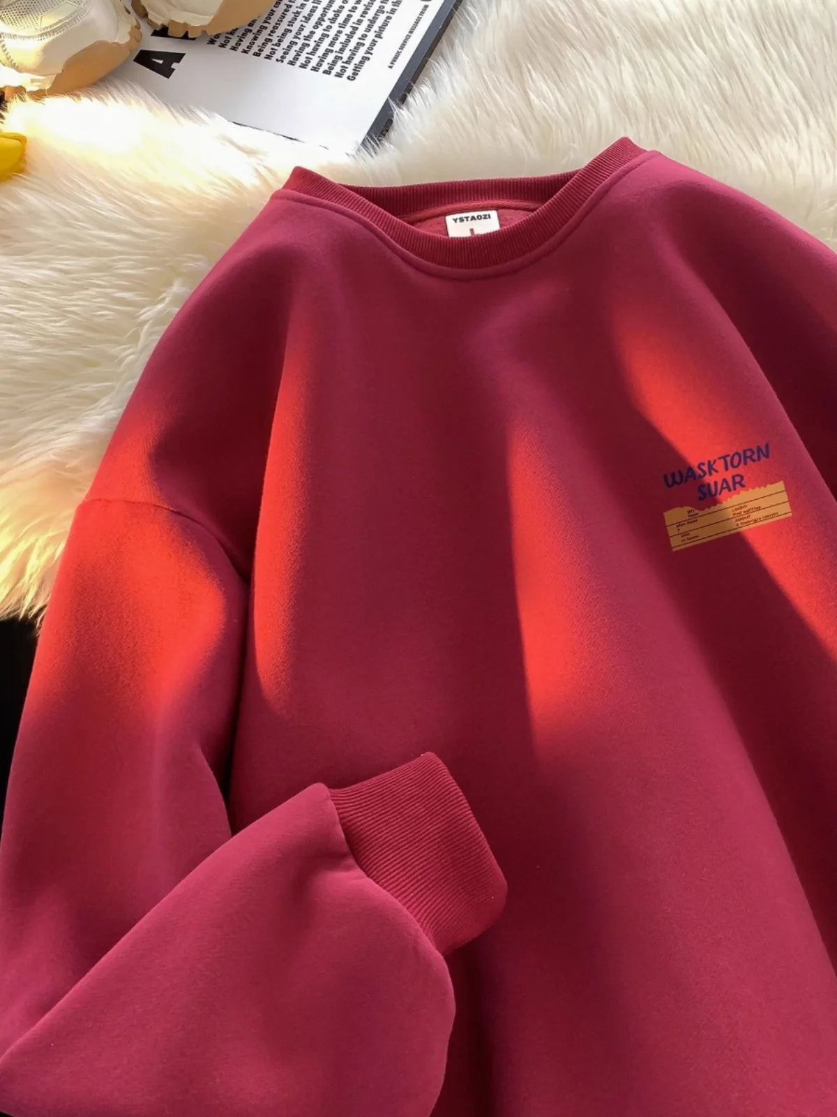 American Retro Fleece Lined Long Sleeve Letter Print Sweatshirt Unisex Autumn Winter Casual Fashion Versatile Men's Women's Top