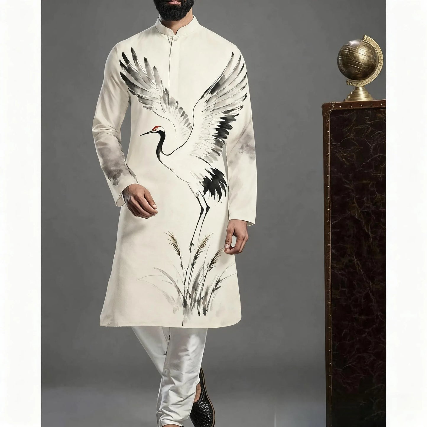 2026 Muslim Tops Men's Ethnic Style Long-sleeved Stand-up Collar Shirts Casual Slim Irregular Ropa Musulmana Hombre