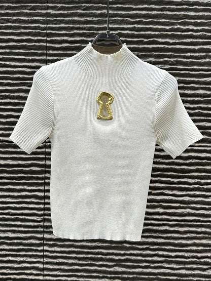 TWOTWINSTYLE Hollow Out Spliced Metal Buckle T Shirts For Women Turtleneck Short Sleeve Minimalist Slimming T Shirt Female 2025