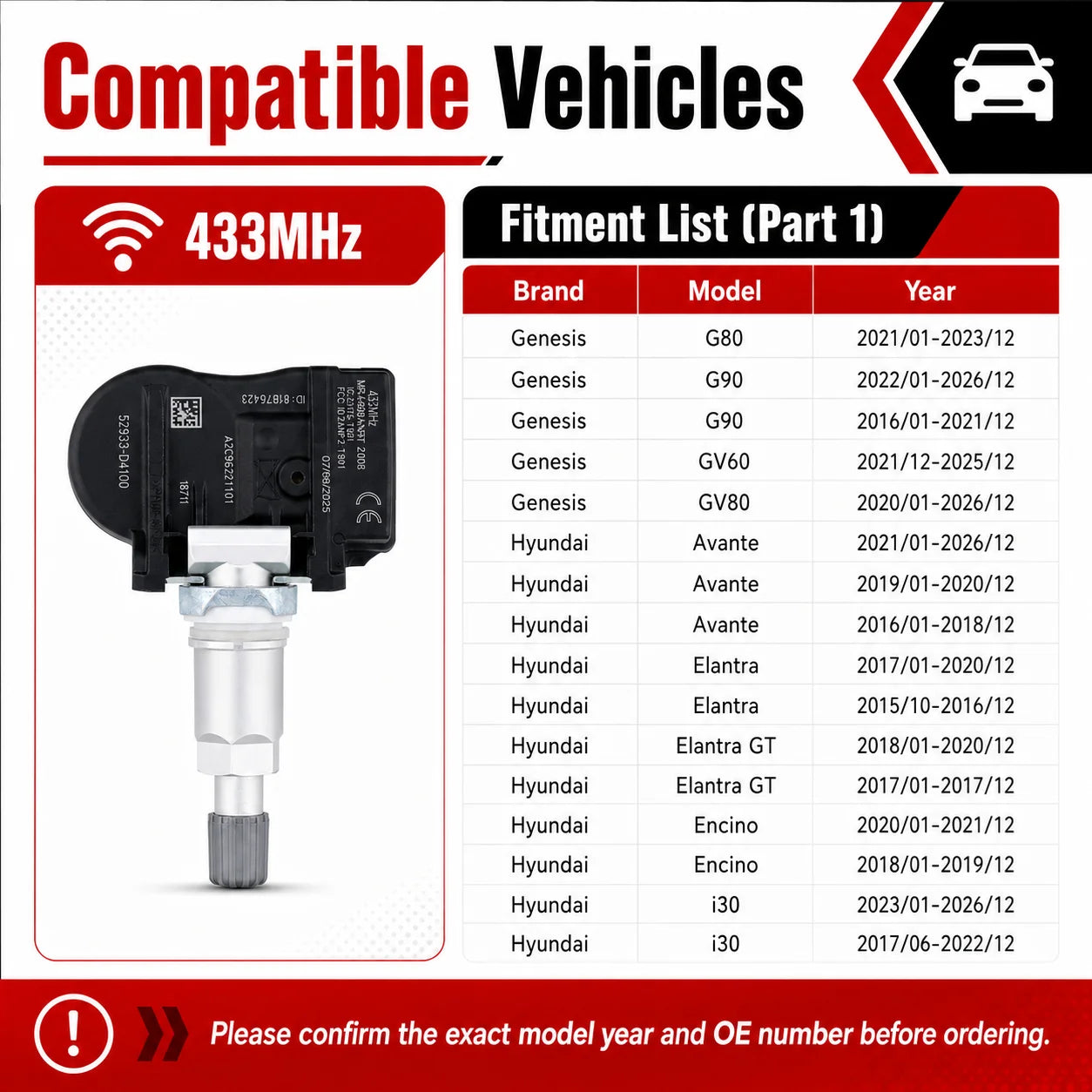 TPMS Sensor For Hyundai Elantra 2015-2020 433MHz 52933D4100 Tire Pressure Sensor