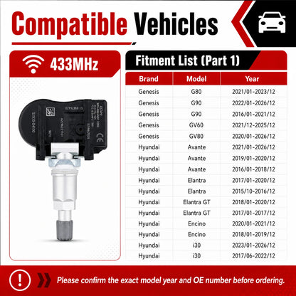 TPMS Sensor For Hyundai Elantra 2015-2020 433MHz 52933D4100 Tire Pressure Sensor