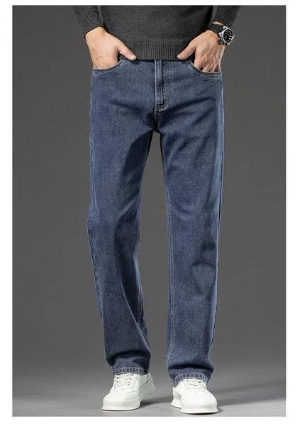 plus Size Men's Blue Straight Loose Jeans 40-44 Cotton Stretch Denim Casual Business Pants for Autumn