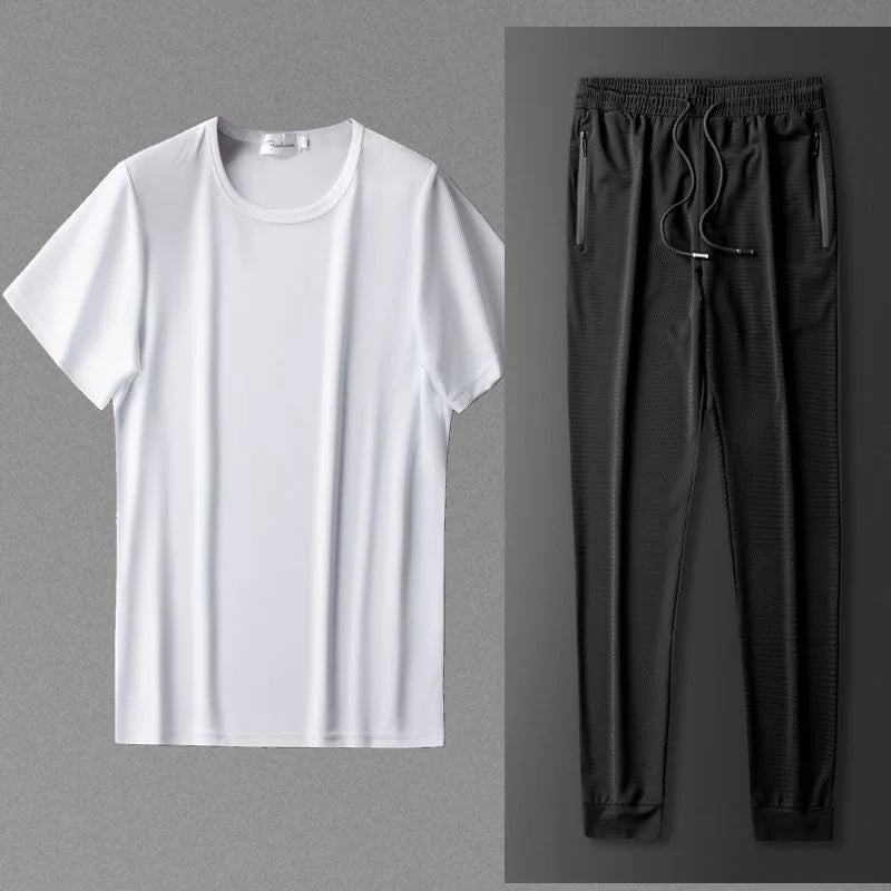 Ice Silk Men's Casual Pants Sports Set Air Conditioning Pants Quick Dry Trendy Large Size Short Sleeve T-Shirt Mesh Summer Wear