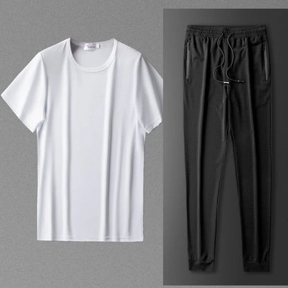 Ice Silk Men's Casual Pants Sports Set Air Conditioning Pants Quick Dry Trendy Large Size Short Sleeve T-Shirt Mesh Summer Wear