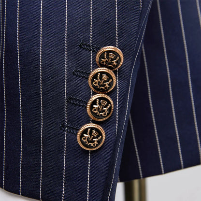 Men's Navy Blue Striped Double Breasted Blazer, Peaked Lapel Slim Fit Single Suit Jacket, Business Office Formal Wear