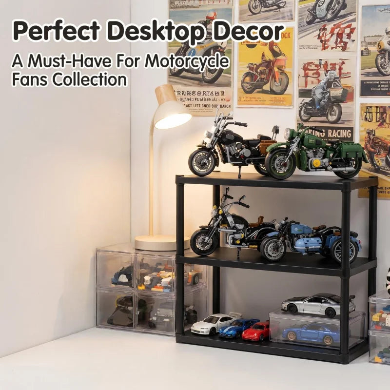 Retro sidecar motorcycle building block set, vintage three-wheeled motorcycle model with sidecar, MOC assembly building block to