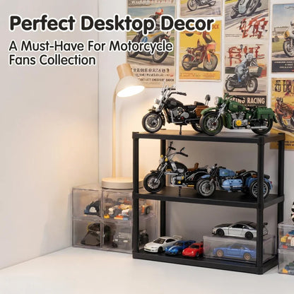 Retro sidecar motorcycle building block set, vintage three-wheeled motorcycle model with sidecar, MOC assembly building block to