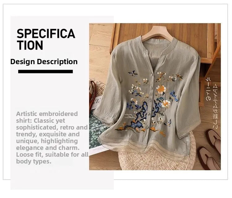 Large Size Mom Embroidered irt Women's Spring New Cotton Linen irt High End f Sve Seven Sve Women's Top
