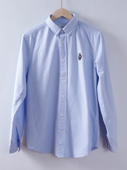 Spring Business Casual Long Sleeve Shirt Men's Cotton Oxford Cloth Embroidery Bear Pattern Inner Wear Trendy Brand Shirt
