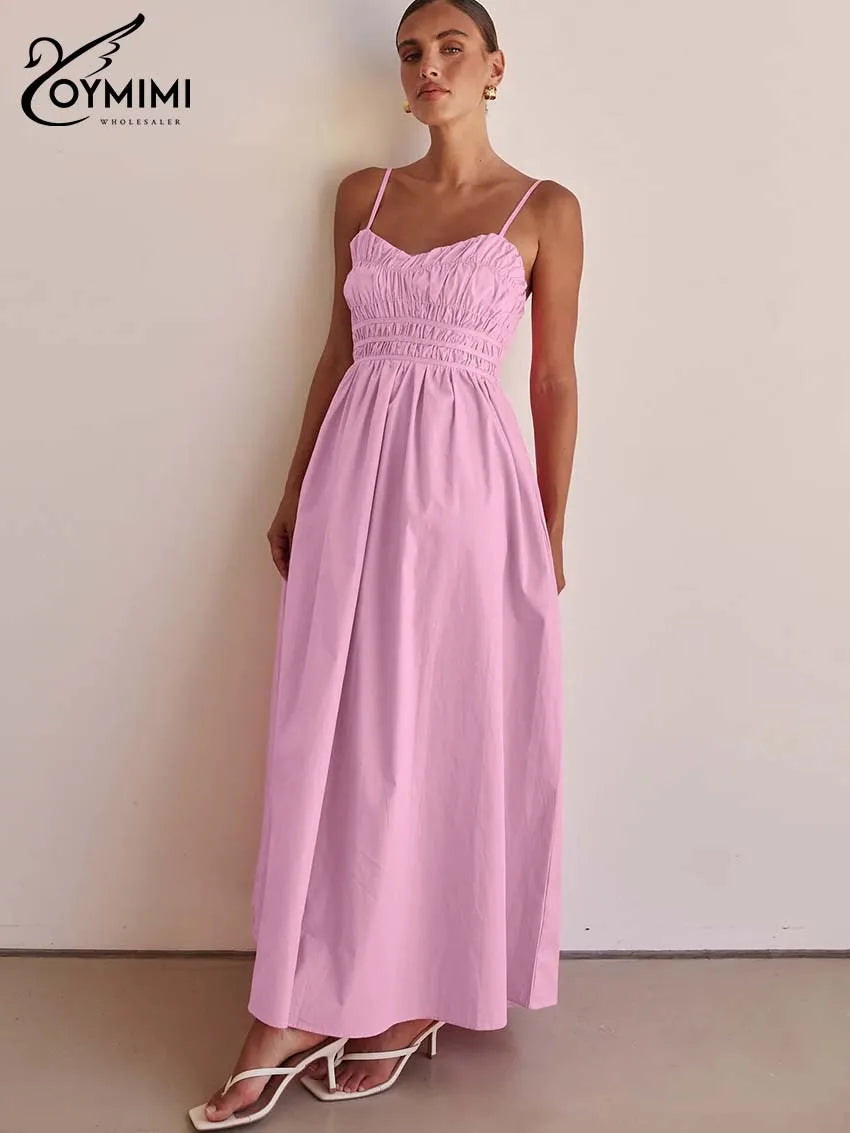 Oymimi Fashion Pink Cotton Women's Dress Elegant Spaghetti Strap Open Back Solid Dresses Casual High Waist Ankle-Length Dresses