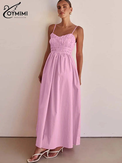 Oymimi Fashion Pink Cotton Women's Dress Elegant Spaghetti Strap Open Back Solid Dresses Casual High Waist Ankle-Length Dresses