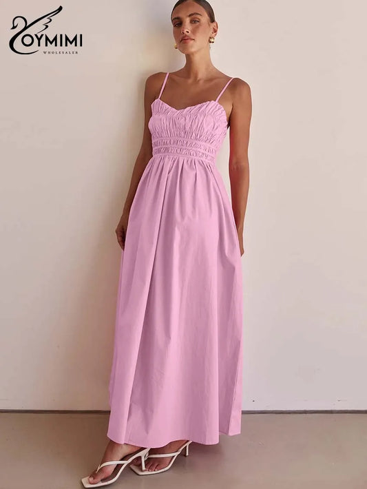 Oymimi Fashion Pink Cotton Women's Dress Elegant Spaghetti Strap Open Back Solid Dresses Casual High Waist Ankle-Length Dresses