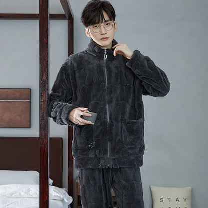 2025 New Couple Sleepwear Men's Autumn Winter Stand Collar Zipper Thick Long Sleeve Coral Fleece Home Clothes Men's Pyjamas