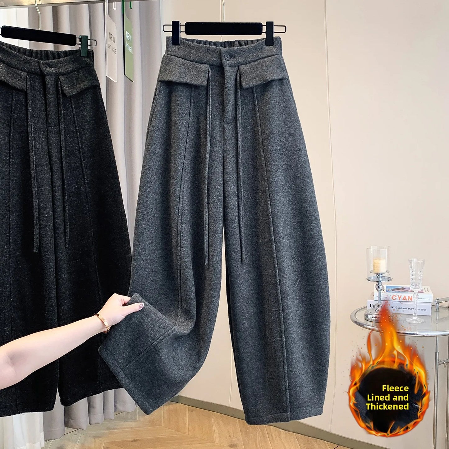 Warm Fleece Lined Trousers with Drawstring Casual Wide Leg Knife  Pants High Waist Polyester Blend Winter Fashion Ladies