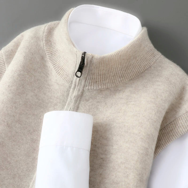 Autumn and winter 100% pure wool cardigan men's zipper stand collar double-sided sweater sleeveless knitted cashmere vest