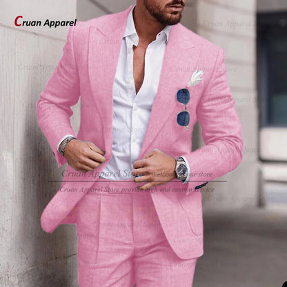 Fashion Sky Blue Linen Suit Set For Male Casual Party Fashion Blazer Pants 2Pieces Wedding Groomsman Formal Peaked Lapel Outfits