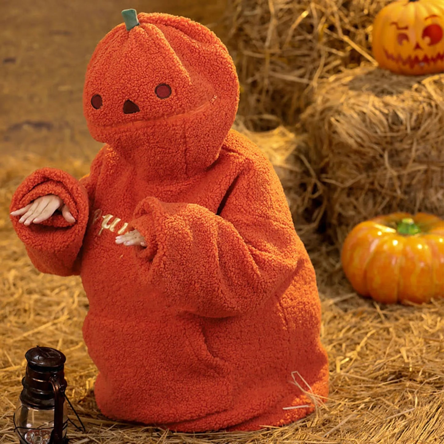 2025 Autumn Pumpkin Hoodies Halloween Party Pumpkin Head Lamb Fleece Women Hooded Sweatshirt Embroidery Thicken Streetwear