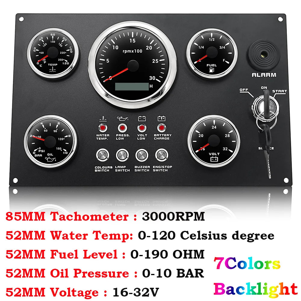 Boat Dashboard 5 Gauge Set Switch Panel 85mm Tachometer 3000rpm-8000rpm+52mm Voltmeter Oil Press Fuel Level Meter Customized