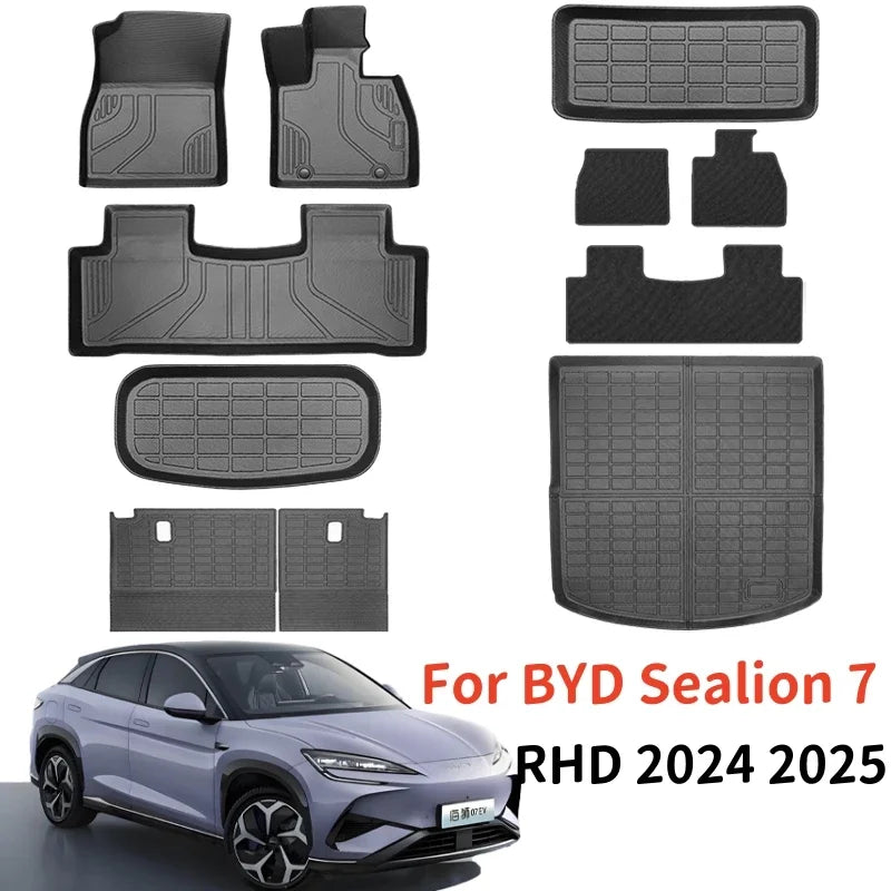 For BYD SEALION 7 2024 2025 TPE Car Floor Mats (Only RHD), All Weather Waterproof Backrest  Trunk  Frunk