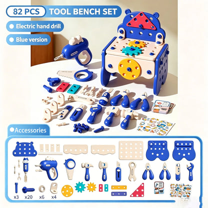 Kids pretend play hippo repair toolbox with simulation electric drill, screw tightening, take-apart & assembly play set.